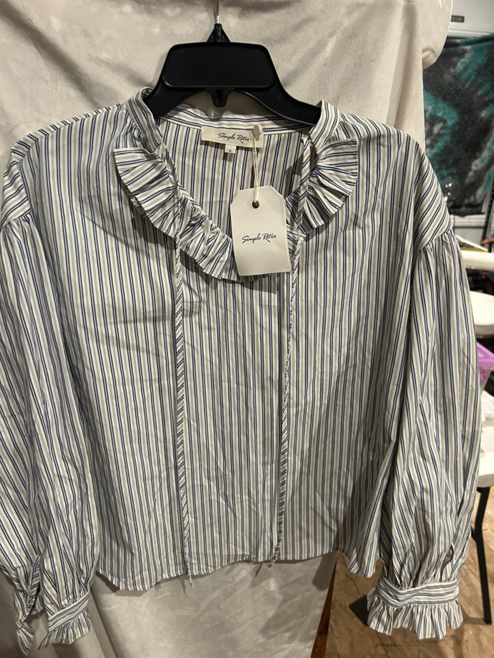 Simple Rite Blue & White Striped Ruffle Neck Blouse